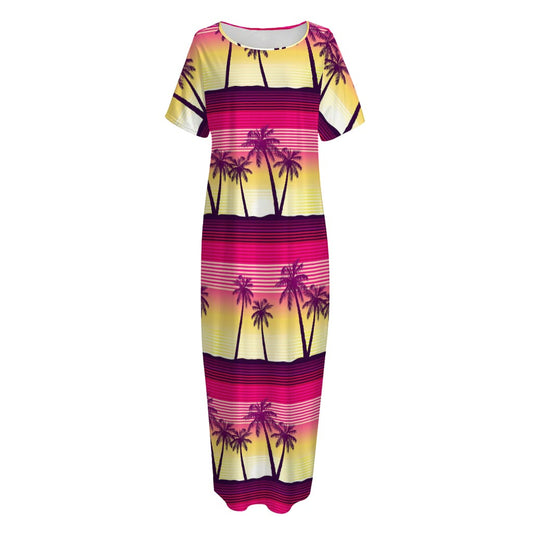 Sunset Palm Tree Pattern Print Short Sleeve Long Nightdress