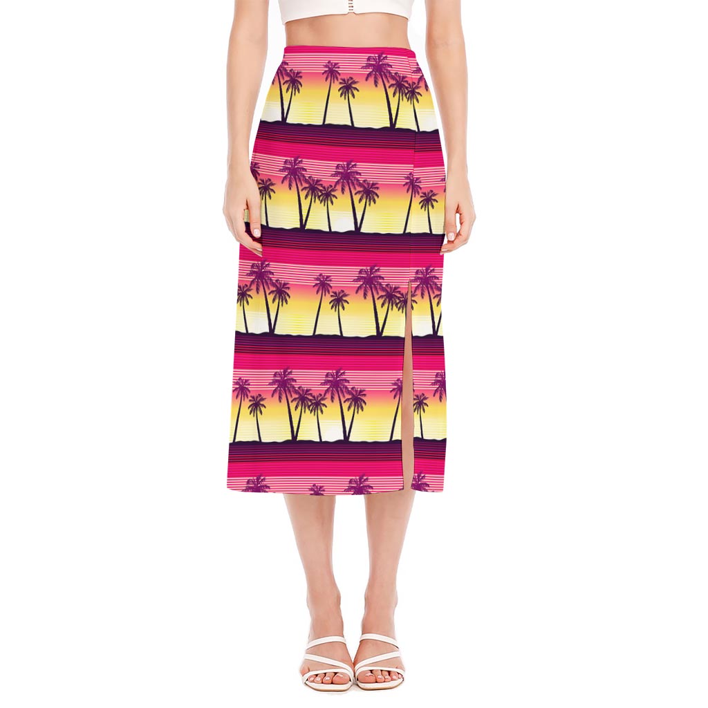 Sunset Palm Tree Pattern Print Side Slit Midi Skirt