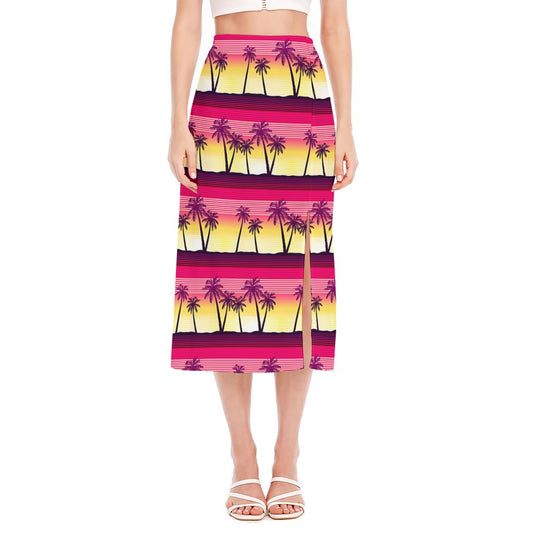 Sunset Palm Tree Pattern Print Side Slit Midi Skirt