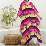 Sunset Palm Tree Pattern Print Silk V-Neck Kaftan Dress