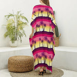 Sunset Palm Tree Pattern Print Silk V-Neck Kaftan Dress