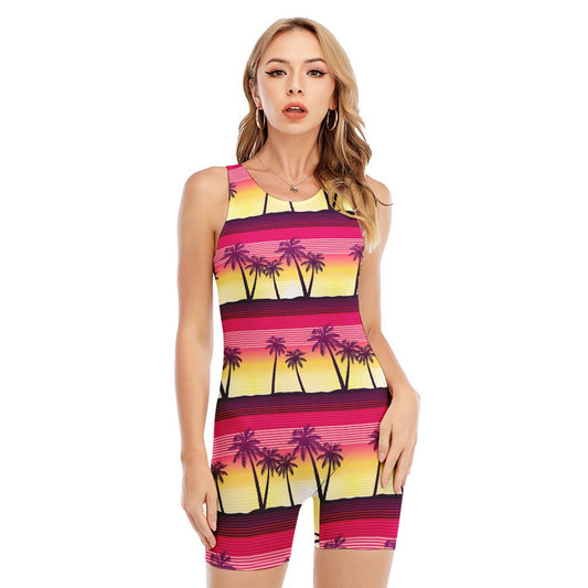 Sunset Palm Tree Pattern Print Sleeveless One Piece Swimsuit