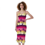 Sunset Palm Tree Pattern Print Slim Fit Midi Cami Dress