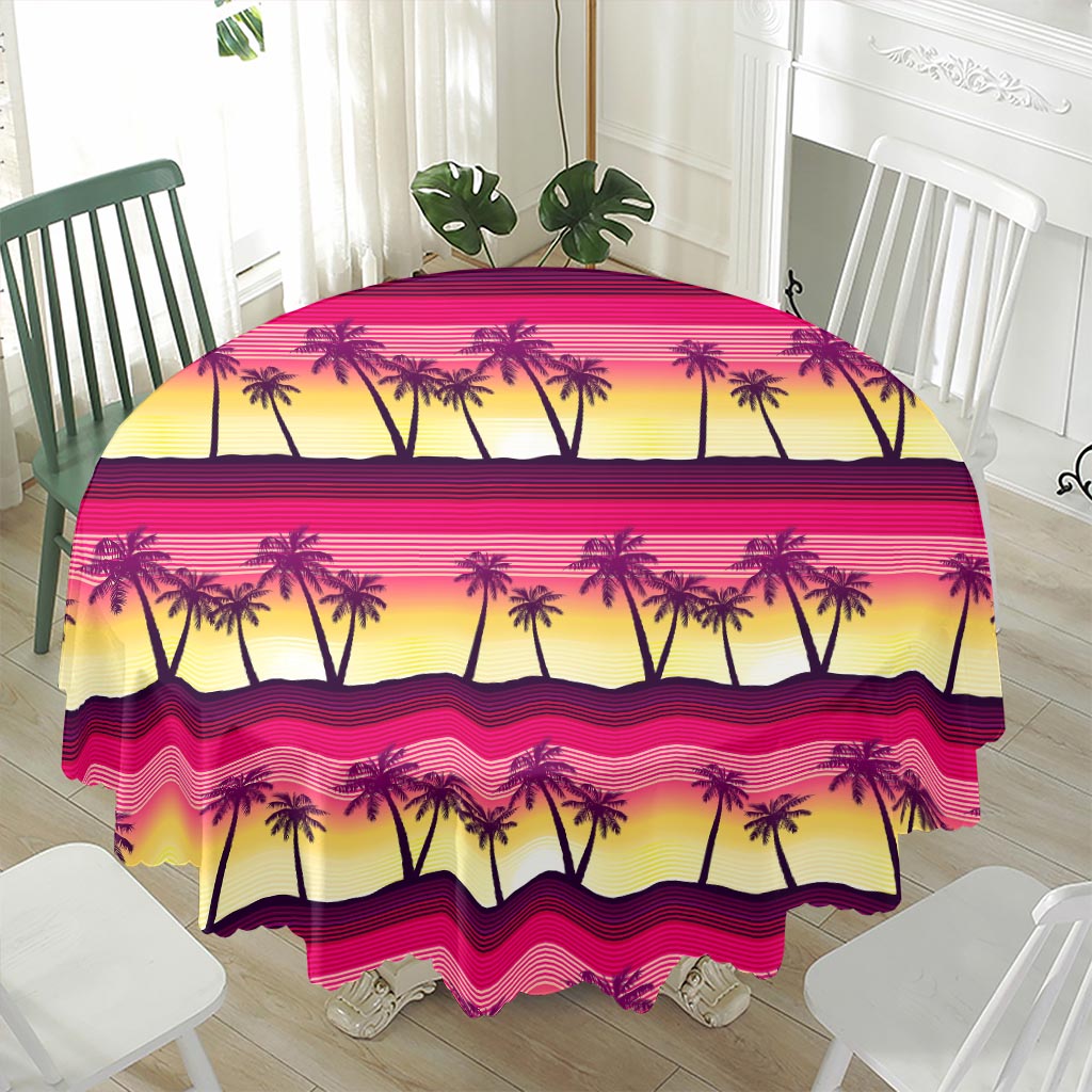 Sunset Palm Tree Pattern Print Waterproof Round Tablecloth