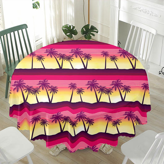 Sunset Palm Tree Pattern Print Waterproof Round Tablecloth