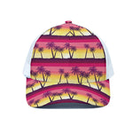 Sunset Palm Tree Pattern Print White Mesh Trucker Cap