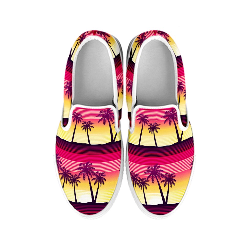 Sunset Palm Tree Pattern Print White Slip On Sneakers