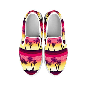 Sunset Palm Tree Pattern Print White Slip On Sneakers