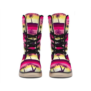 Sunset Palm Tree Pattern Print Winter Boots