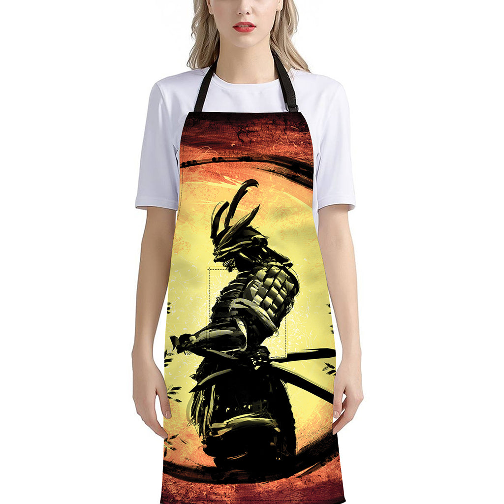 Sunset Samurai Warrior Print Bib Apron With Pocket