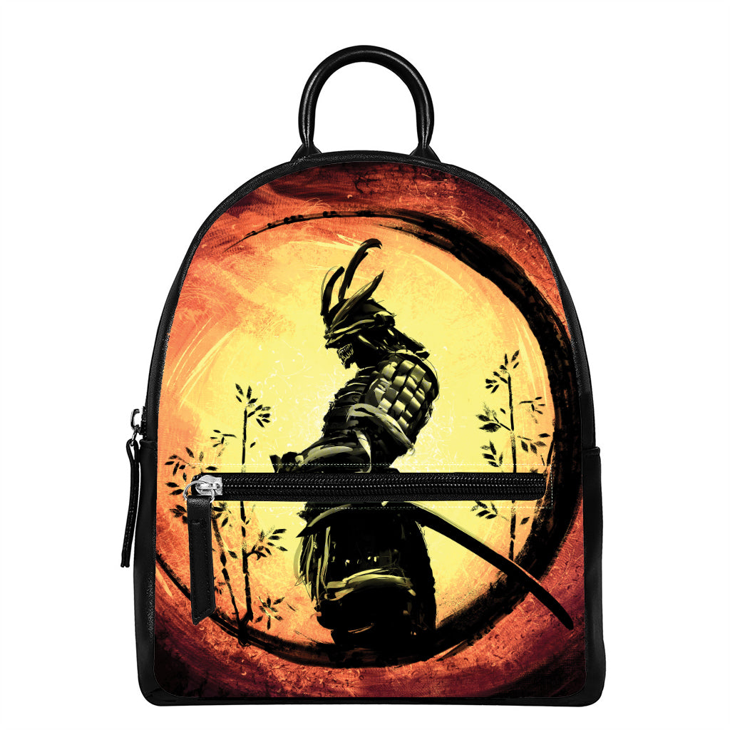 Sunset Samurai Warrior Print Leather Backpack