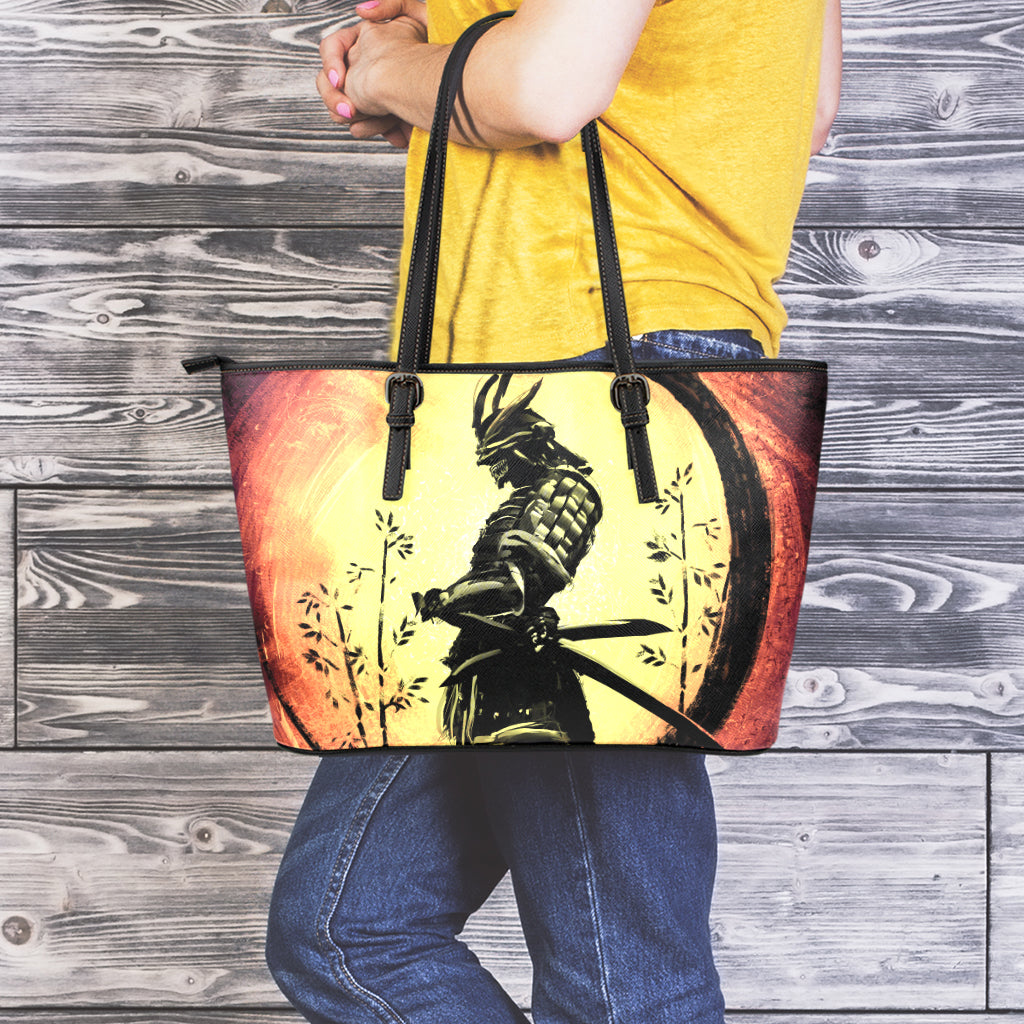 Sunset Samurai Warrior Print Leather Tote Bag