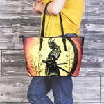 Sunset Samurai Warrior Print Leather Tote Bag