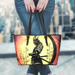 Sunset Samurai Warrior Print Leather Tote Bag