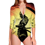 Sunset Samurai Warrior Print Long Sleeve Swimsuit