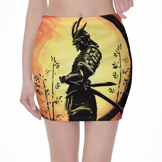 Sunset Samurai Warrior Print Pencil Mini Skirt
