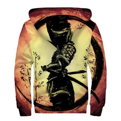Sunset Samurai Warrior Print Sherpa Lined Zip Up Hoodie