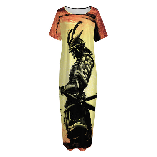 Sunset Samurai Warrior Print Short Sleeve Long Nightdress