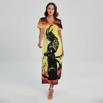 Sunset Samurai Warrior Print Short Sleeve Maxi Dress