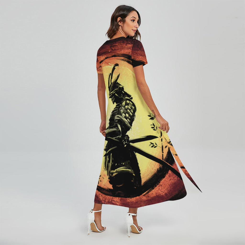 Sunset Samurai Warrior Print Short Sleeve Maxi Dress