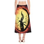 Sunset Samurai Warrior Print Side Slit Midi Skirt