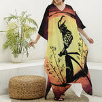 Sunset Samurai Warrior Print Silk V-Neck Kaftan Dress
