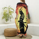 Sunset Samurai Warrior Print Silk V-Neck Kaftan Dress