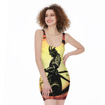 Sunset Samurai Warrior Print Sleeveless Bodycon Dress
