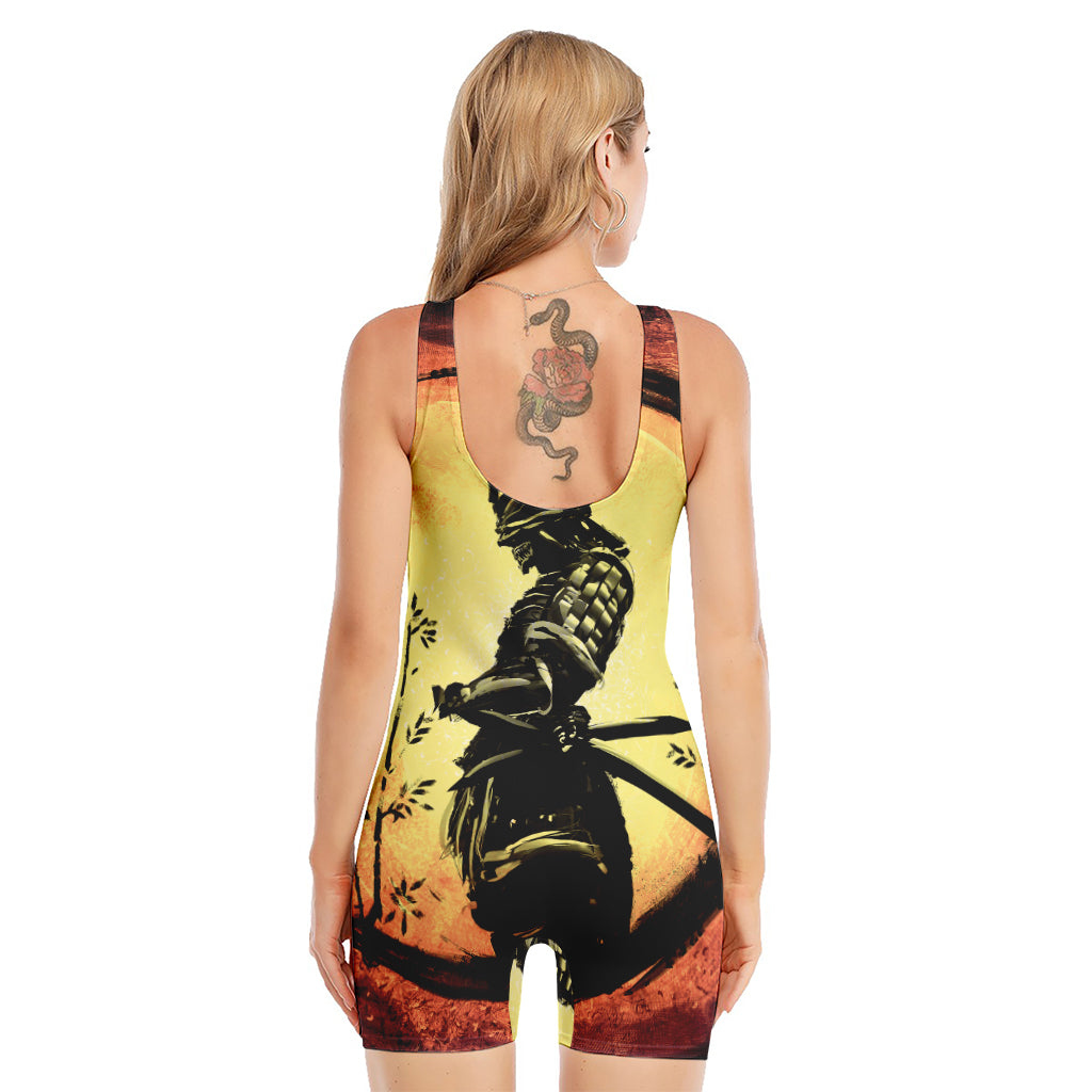 Sunset Samurai Warrior Print Sleeveless One Piece Swimsuit