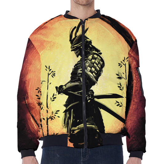 Sunset Samurai Warrior Print Zip Sleeve Bomber Jacket