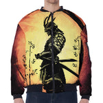 Sunset Samurai Warrior Print Zip Sleeve Bomber Jacket