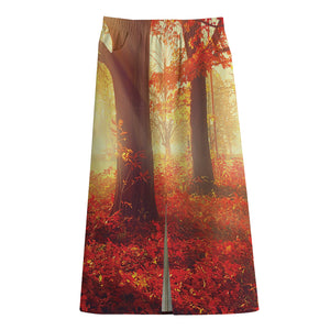 Sunshine Autumn Tree Print Cotton Front Slit Maxi Skirt