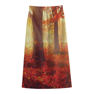 Sunshine Autumn Tree Print Cotton Front Slit Maxi Skirt