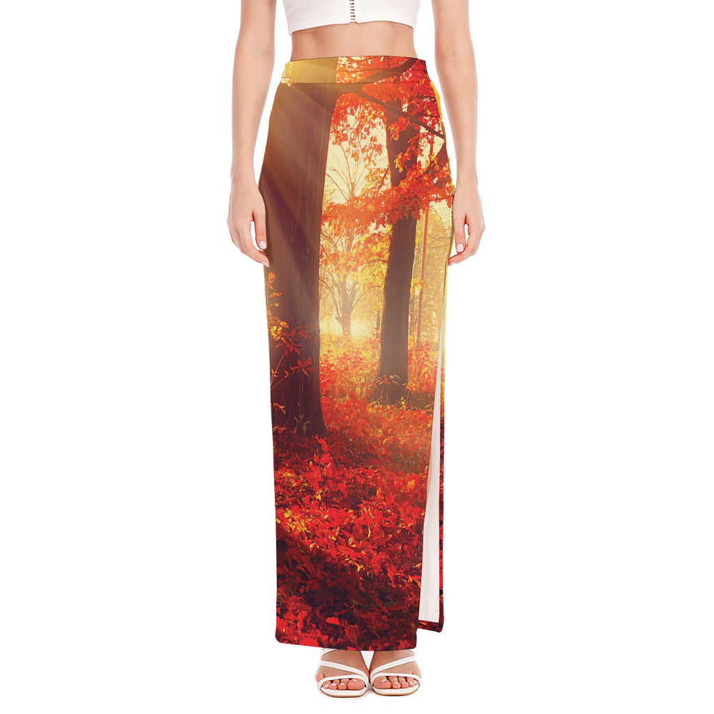 Sunshine Autumn Tree Print High Slit Maxi Skirt