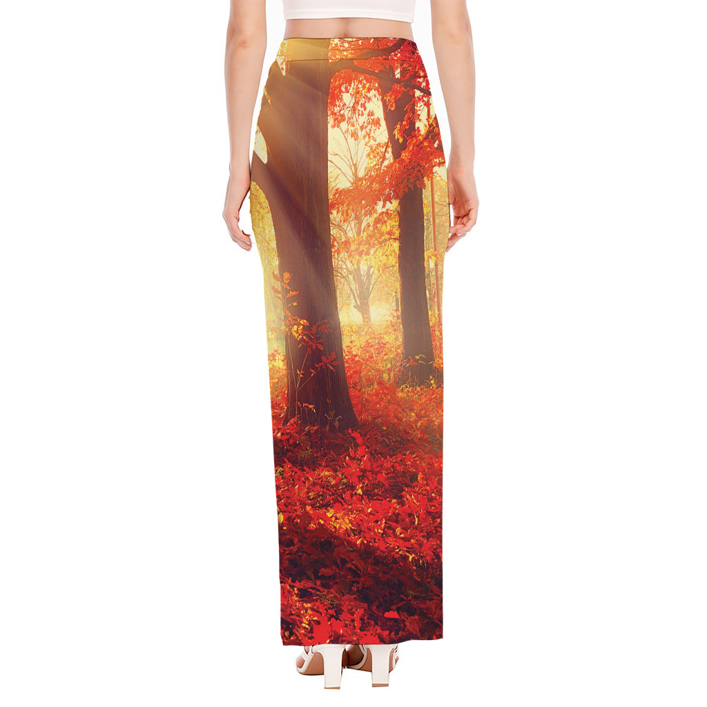 Sunshine Autumn Tree Print High Slit Maxi Skirt