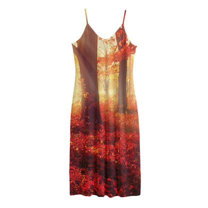 Sunshine Autumn Tree Print Jersey Midi Cami Dress