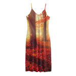 Sunshine Autumn Tree Print Jersey Midi Cami Dress