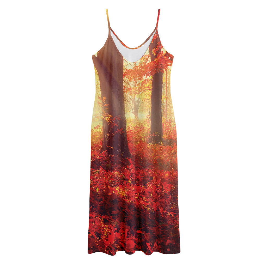 Sunshine Autumn Tree Print Jersey Midi Cami Dress