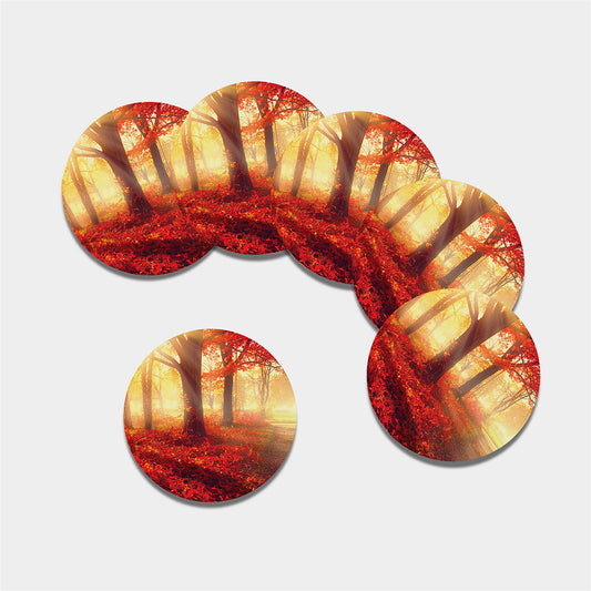 Sunshine Autumn Tree Print Leather Coaster Set