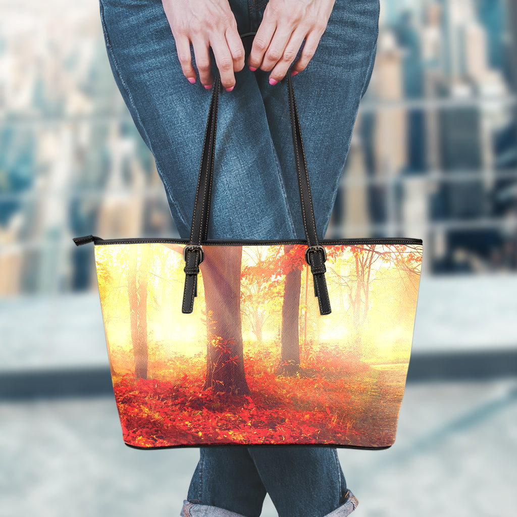 Sunshine Autumn Tree Print Leather Tote Bag