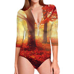 Sunshine Autumn Tree Print Long Sleeve Swimsuit