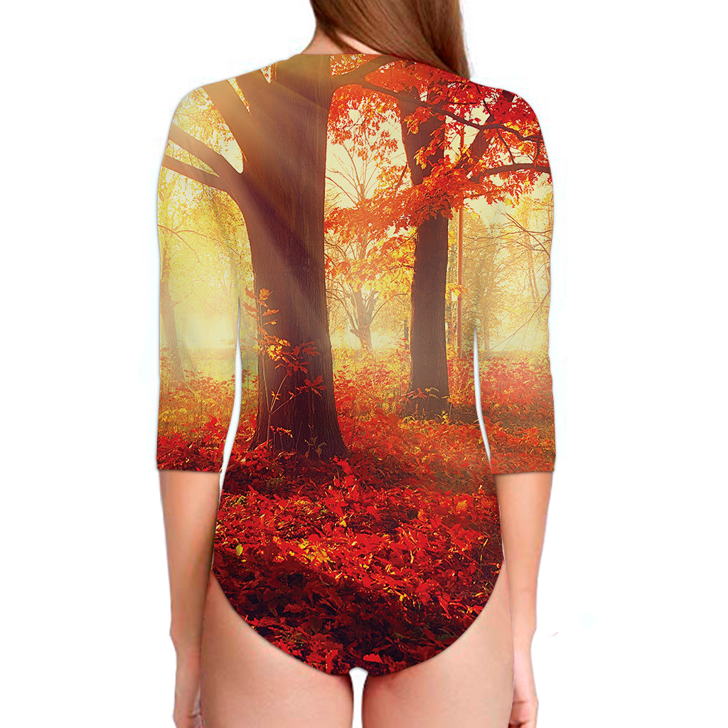 Sunshine Autumn Tree Print Long Sleeve Swimsuit