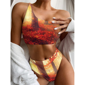 Sunshine Autumn Tree Print One Shoulder Bikini Top