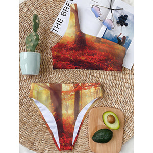 Sunshine Autumn Tree Print One Shoulder Bikini Top