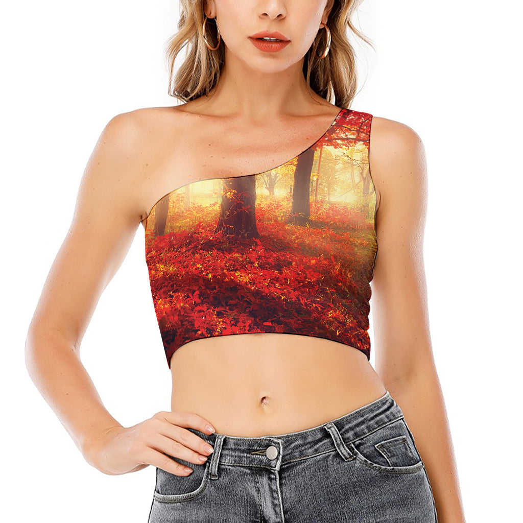 Sunshine Autumn Tree Print One Shoulder Crop Top