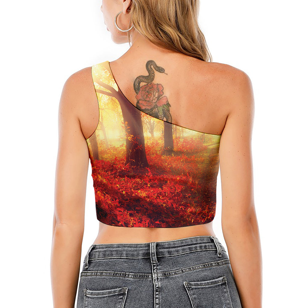 Sunshine Autumn Tree Print One Shoulder Crop Top