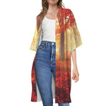 Sunshine Autumn Tree Print Open Front Beach Cover Up