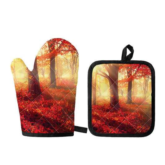 Sunshine Autumn Tree Print Oven Mitt And Pot Holder Set