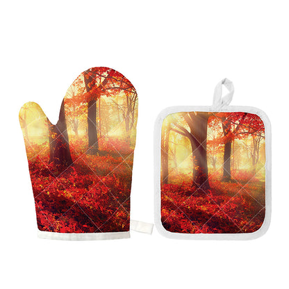 Sunshine Autumn Tree Print Oven Mitt And Pot Holder Set