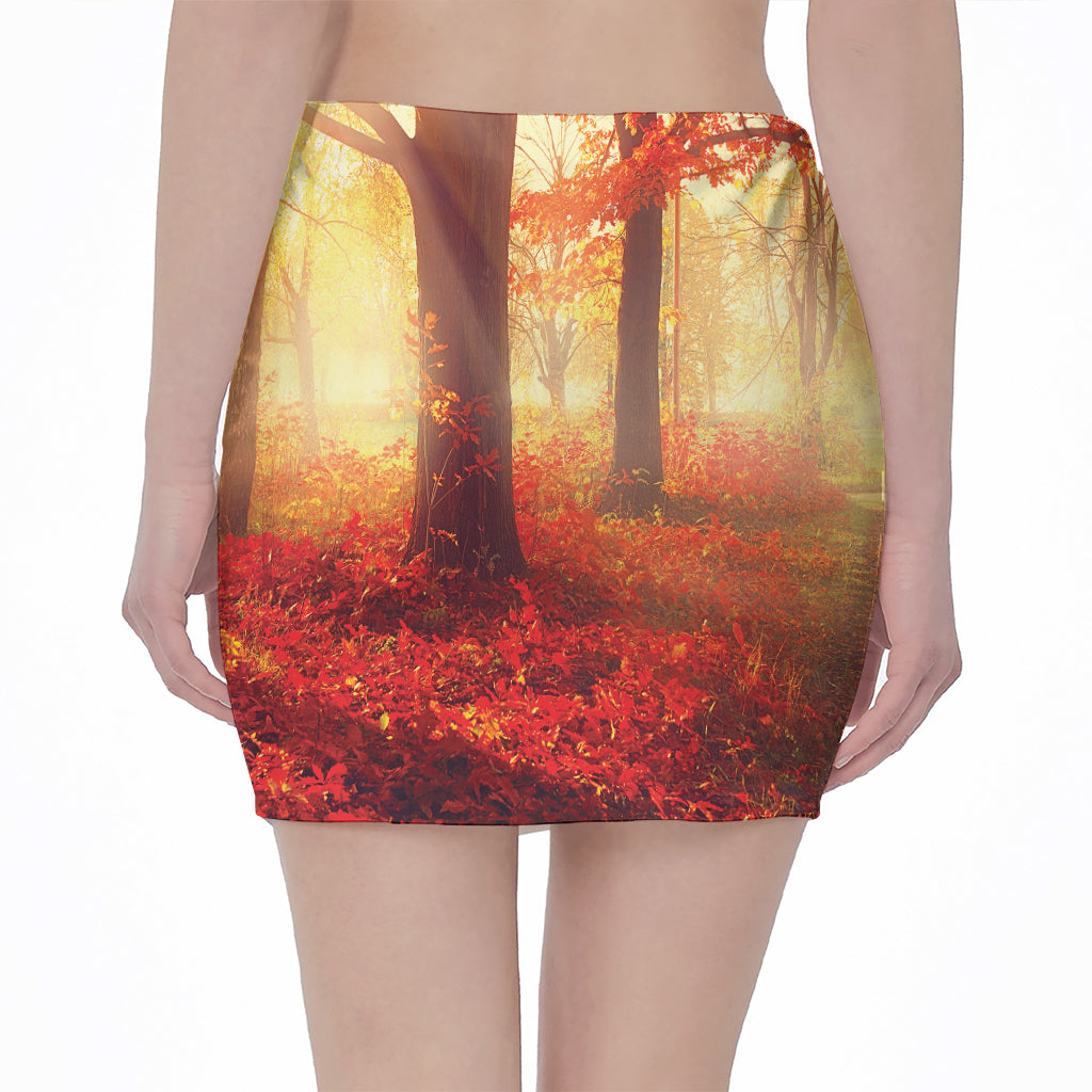 Sunshine Autumn Tree Print Pencil Mini Skirt